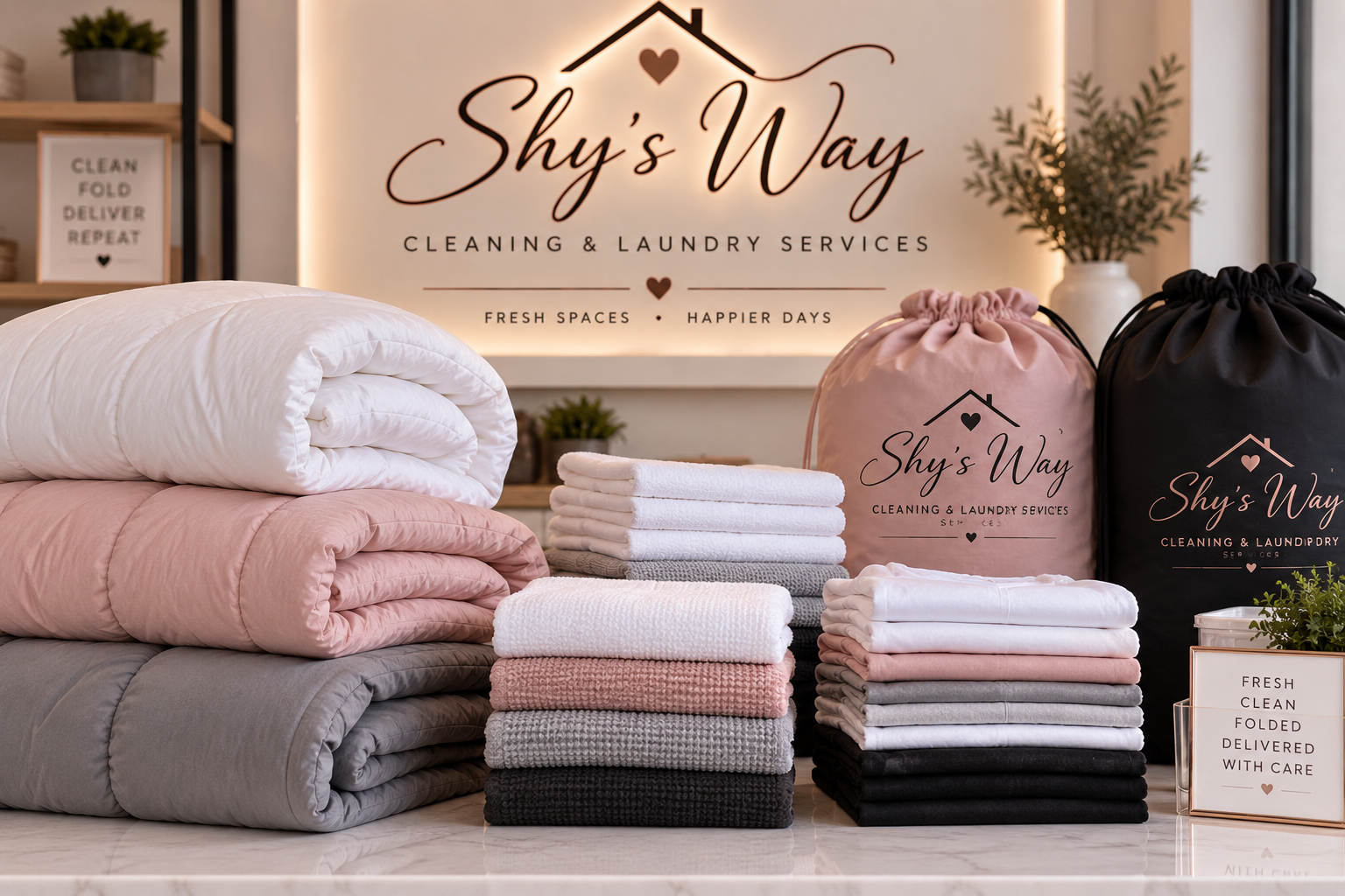 Folded laundry, blankets and comforters with Shy's Way laundry bags